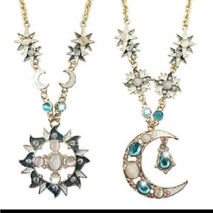 Sun Moon Gold‎ Necklace with Rhinestones Moonstone